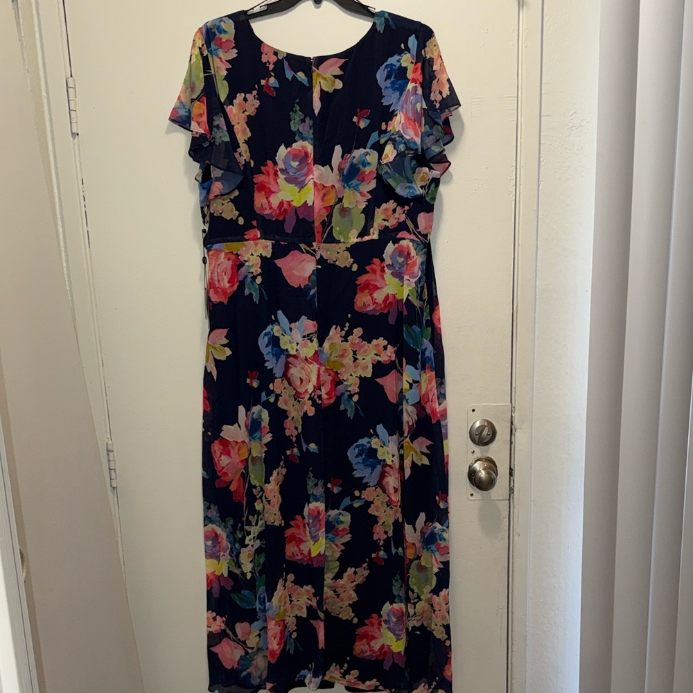 Adrianna Papell Navy Floral Flutter-Sleeve Jumpsuit - Picture 4 of 7